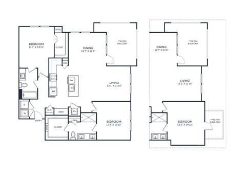 Floor plan for 2 beds, 2 baths, 1354 sqft